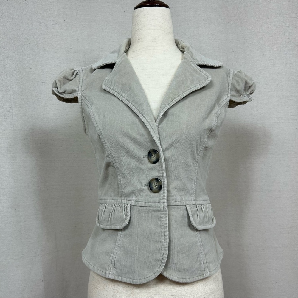 SO Vintage Y2K Light Gray Fitted Corduroy Blazer with Cap Sleeves